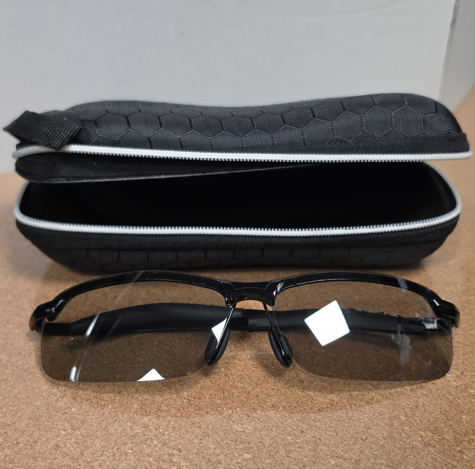 Semi-Rimless Rectangle Sunglasses Black Metal Frame Gray Tinted Lenses w/ Case