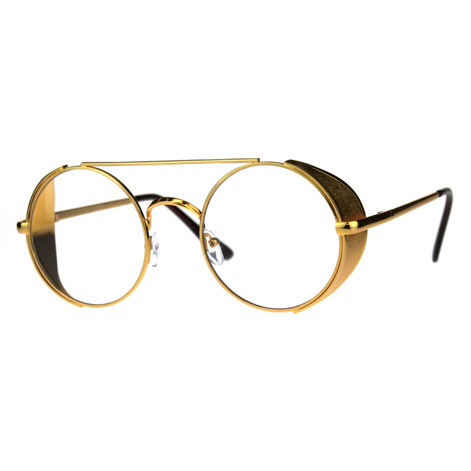 Steampunk Side Cover Clear Lens Glasses Round Metal Flat Top Bridge UV 400