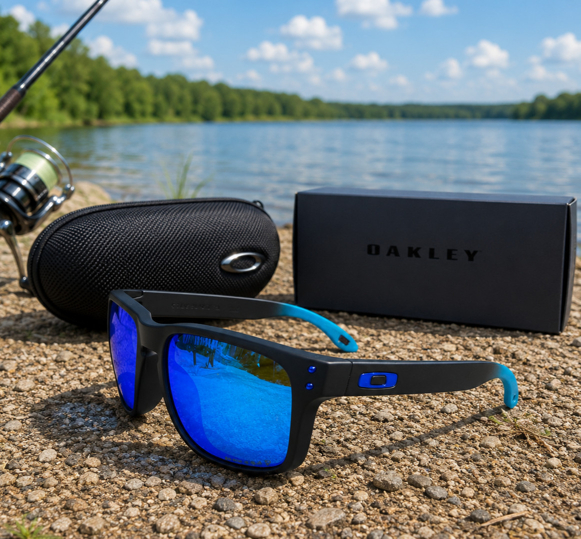 Oakley Holbrook Polarized Fishing Sunglasses Matte Black Blue Fade Mirror Lens