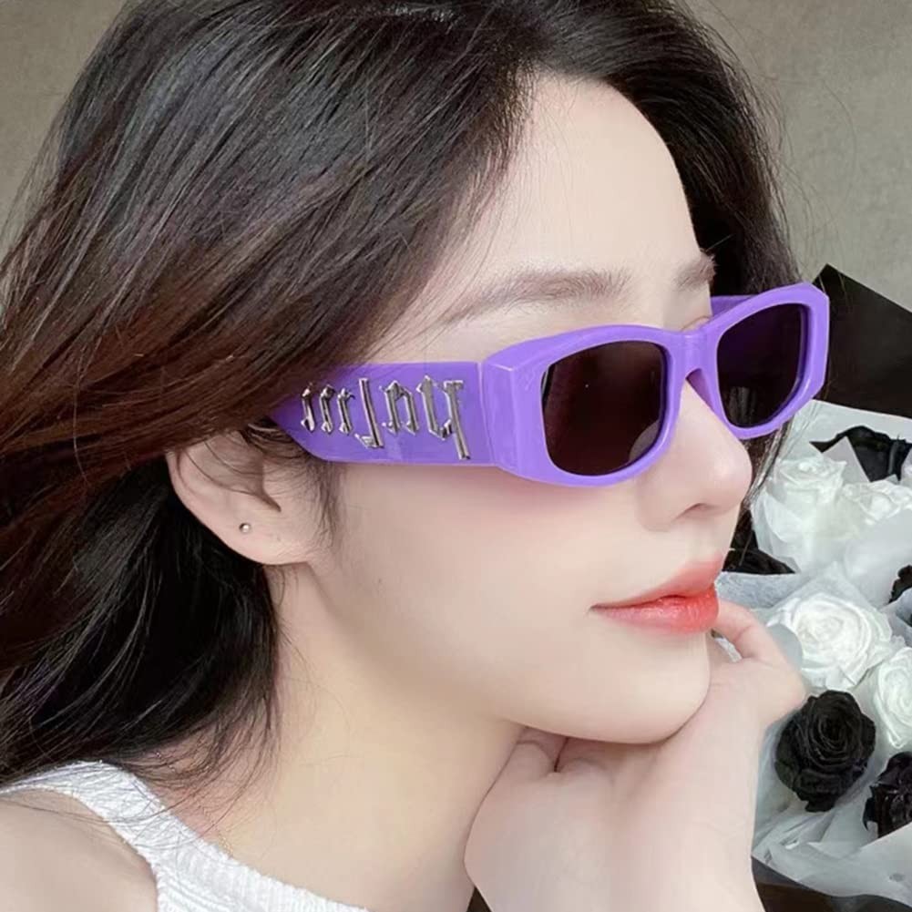 QYVEWY 3 Pack Irregular Rectangle Sunglasses for Small, Purple/Red/Green