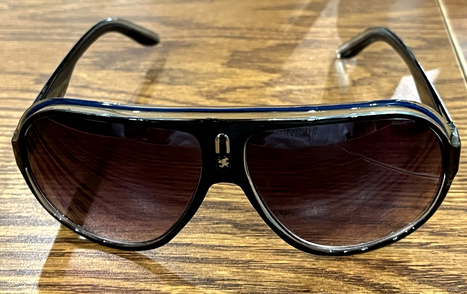 KHAN SUNGLASSES BLACK BLUE STRIPE KN-5109 Hand polished-China NWOT