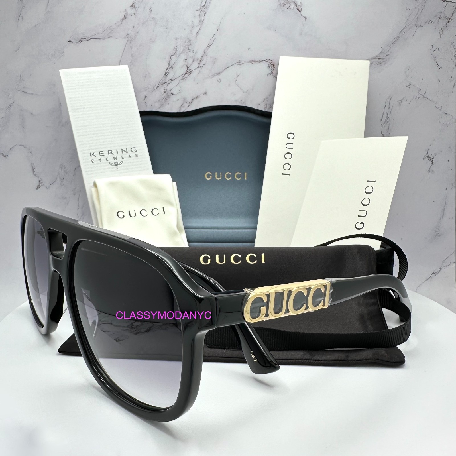 GUCCI Sunglasses Aviator Pilot 58mm Black New Gold Metal Logo Gray Lens Mens