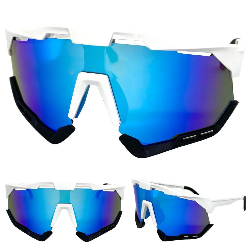 Oversized RETRO SPORTS WRAP AROUND Shield Cycling SUN GLASSES Large White Frame
