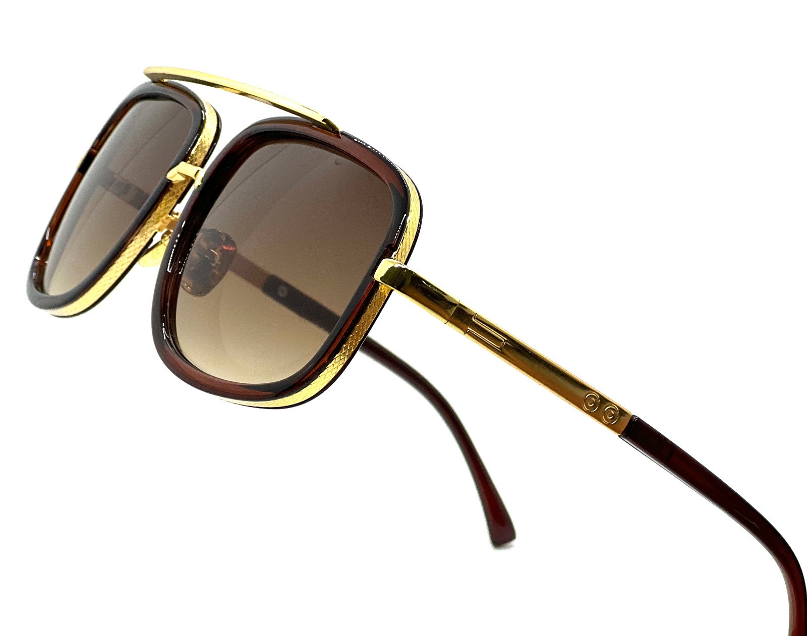 Men’s Sunglasses Square One Gold Colored Metal Frame Top Bar Oversize Shades NEW