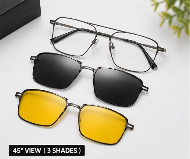3-in-1 Magnetic Clip-On Square Sunglasses for Men & Women | UV400 Anti-Glare Eye