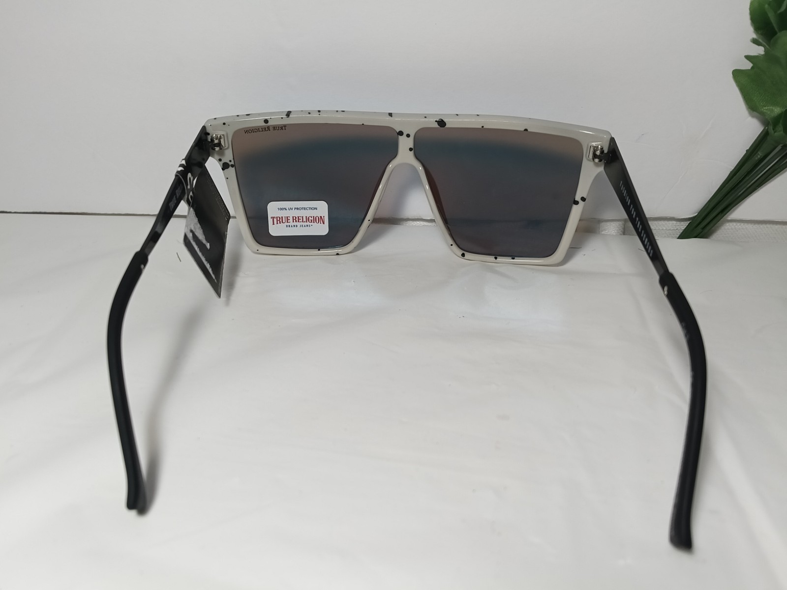 True Religion Men’s Shield Sunglasses Black Plastic Frame Blue Mirrored Lens