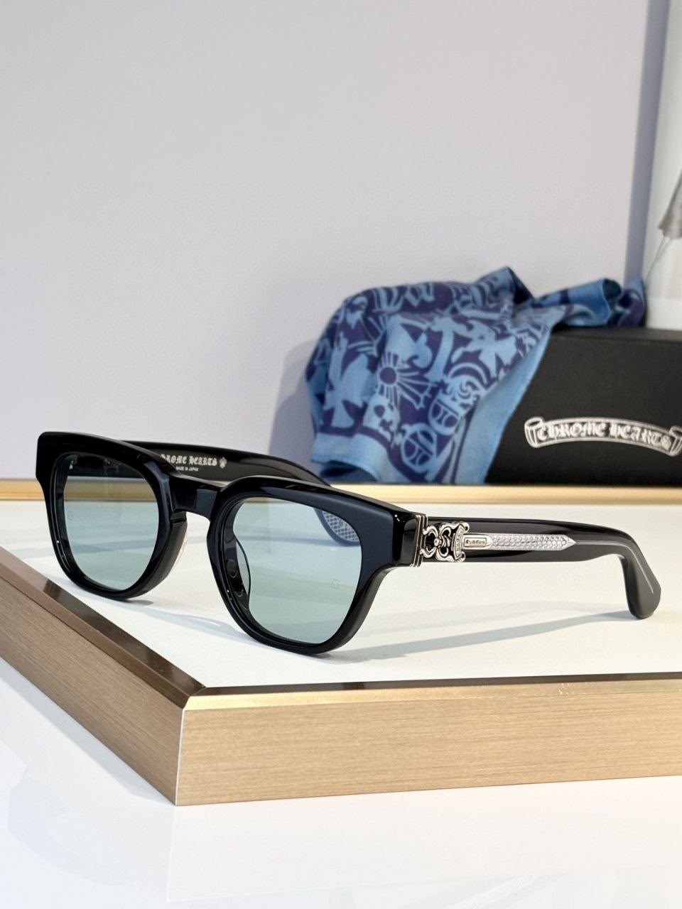 Chrome Hearts Sunglasses Black Frame Silver Dagger Light Blue Lens