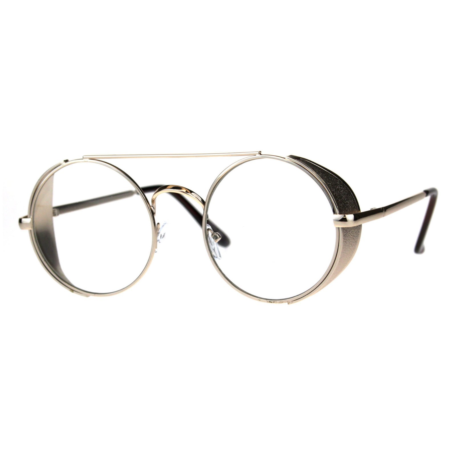 Steampunk Side Cover Clear Lens Glasses Round Metal Flat Top Bridge UV 400