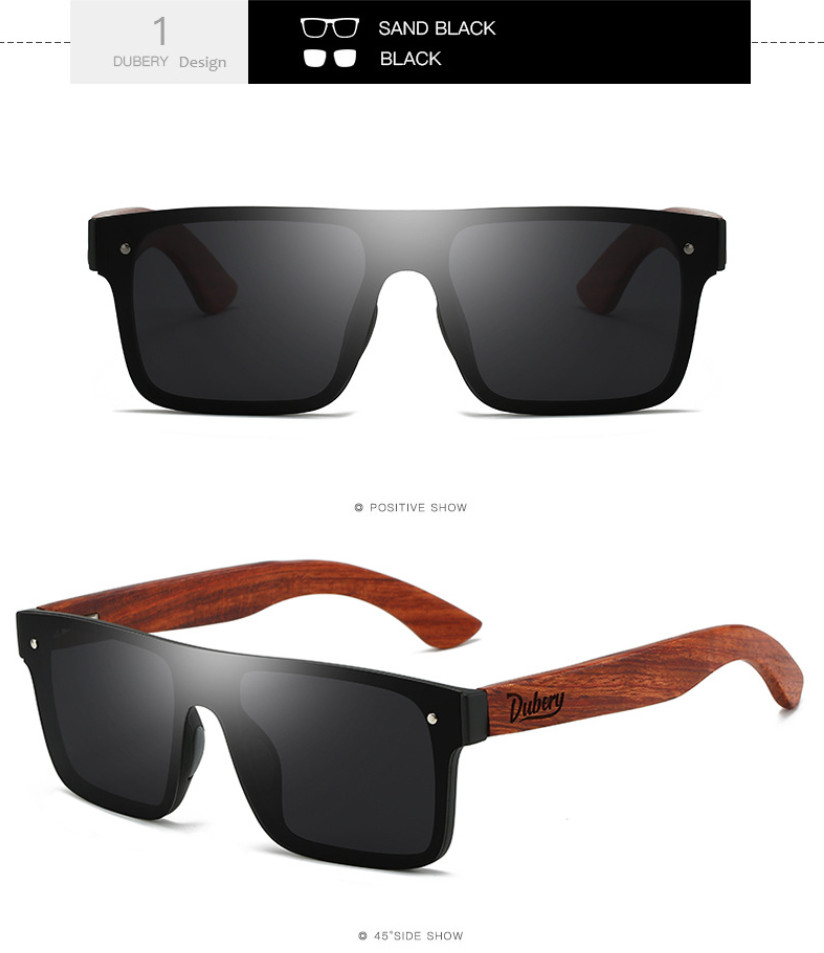 DUBERY Rimless Wood Polarized Sunglasses Men Women Square Wooden Temple Glasses