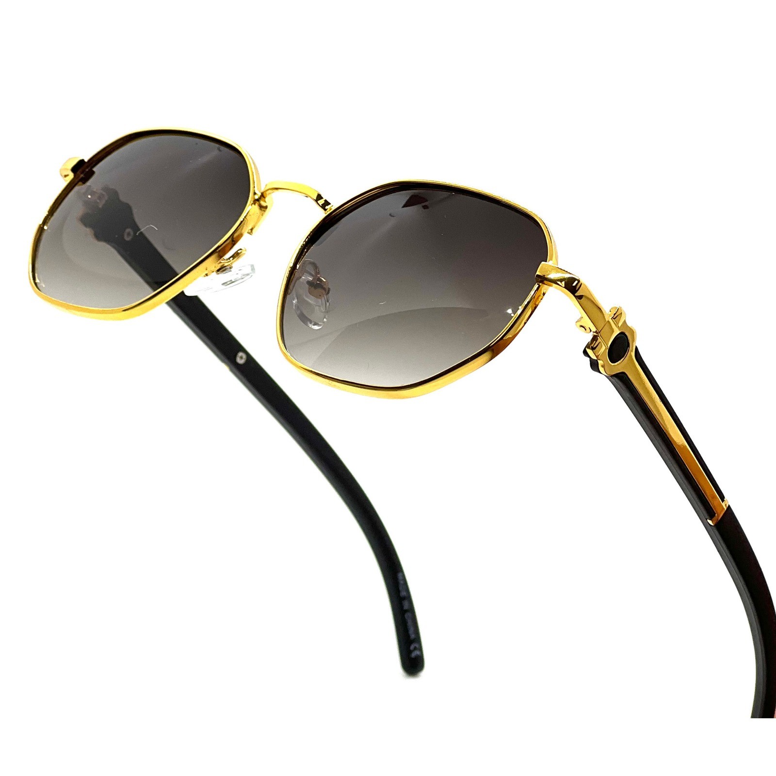 Mens Geometric Gold Metal Sunglasses Grey Gradient Lens Black Wood Grain Style