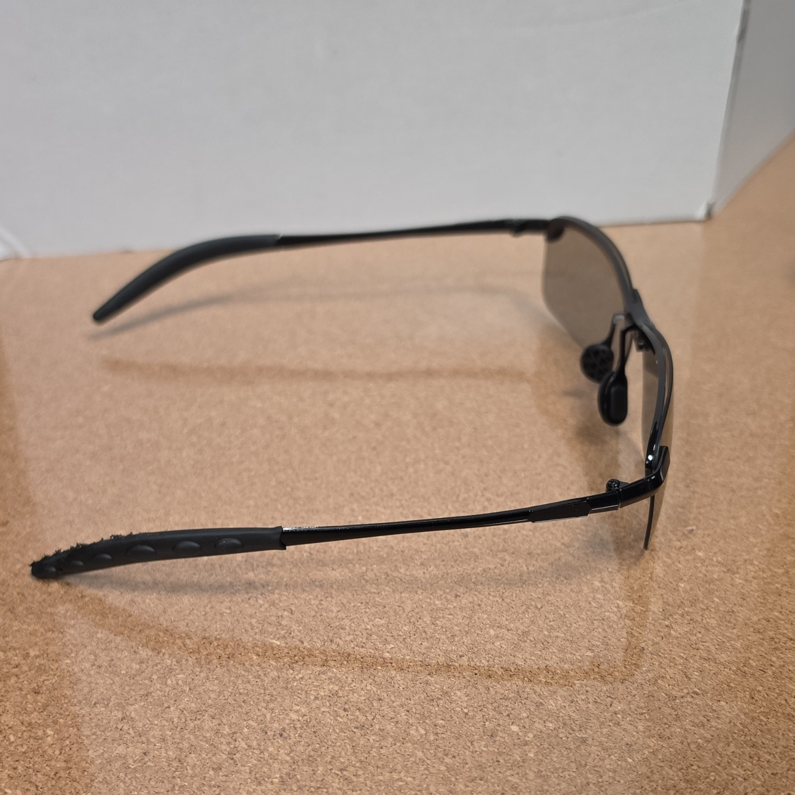 Semi-Rimless Rectangle Sunglasses Black Metal Frame Gray Tinted Lenses w/ Case