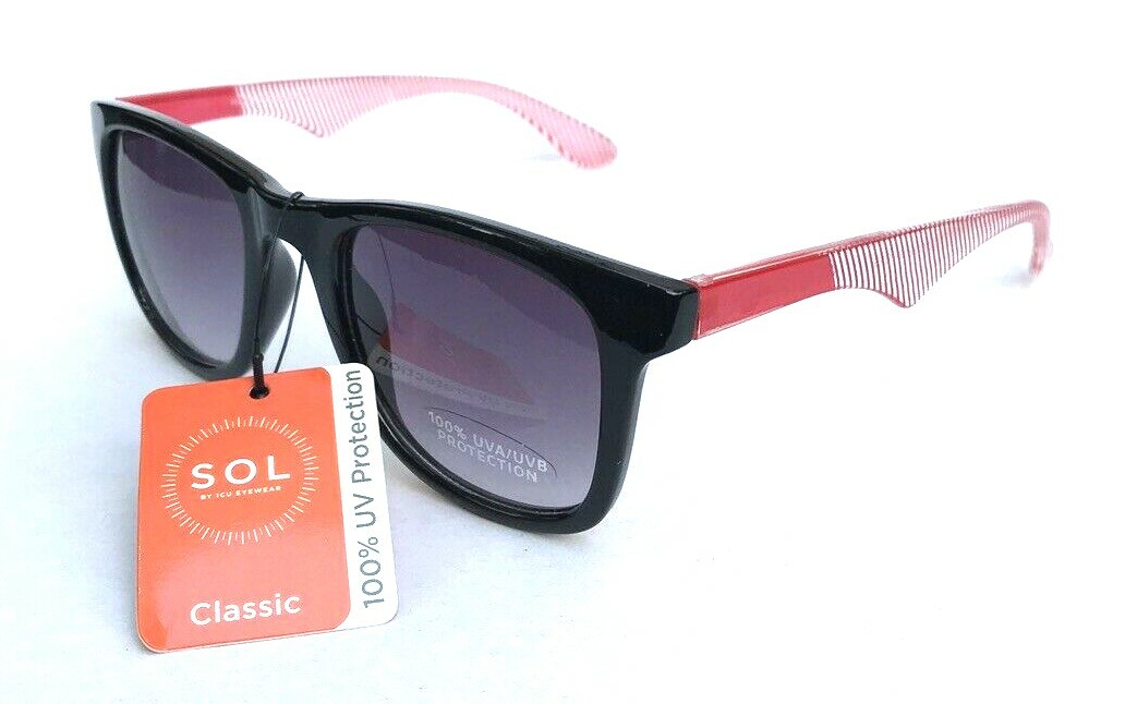 NEW SOL SUNGLASSES Men Retro Black Casual CLEAR Red Stripes on Sides US Seller