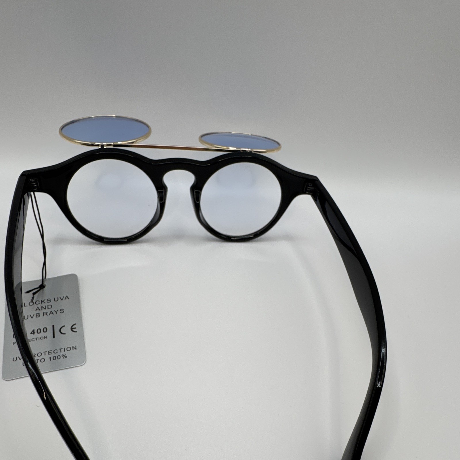 Unisex Round Flip-Up Sunglasses Black Plastic/Metal Frame Blue Tinted UV400