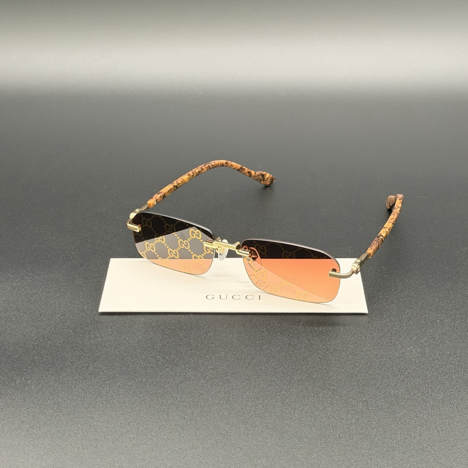 Gucci GG1221S 004 Rimless Sunglasses Brown Marble Gold Mirror Lens Ships Today