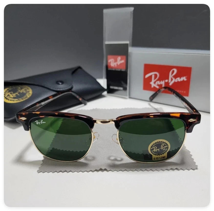 Ray-Ban Sunglasses RB3016 Clubmaster Classic Tortoise Frame Green Lenses 51mm