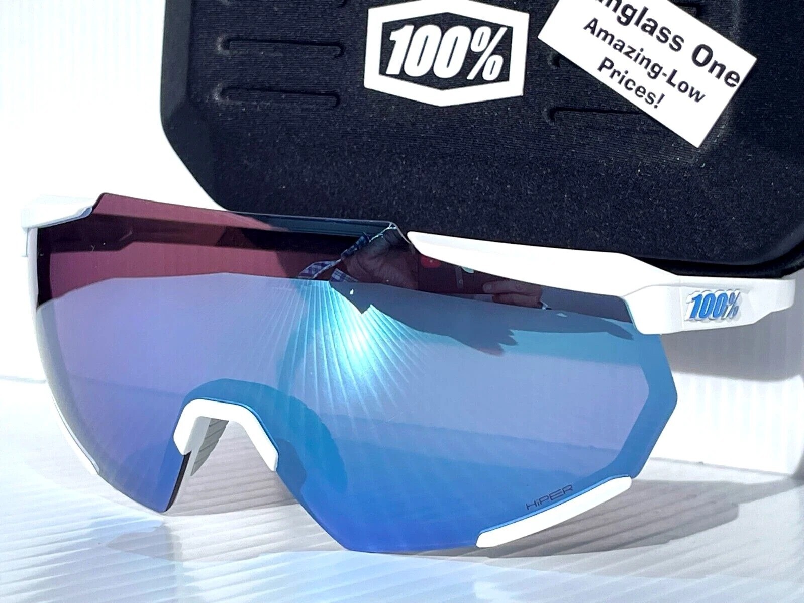 100% Percent RACETRAP 3.0 Matte White HiPER Blue Mirror Sunglass 60004-00001