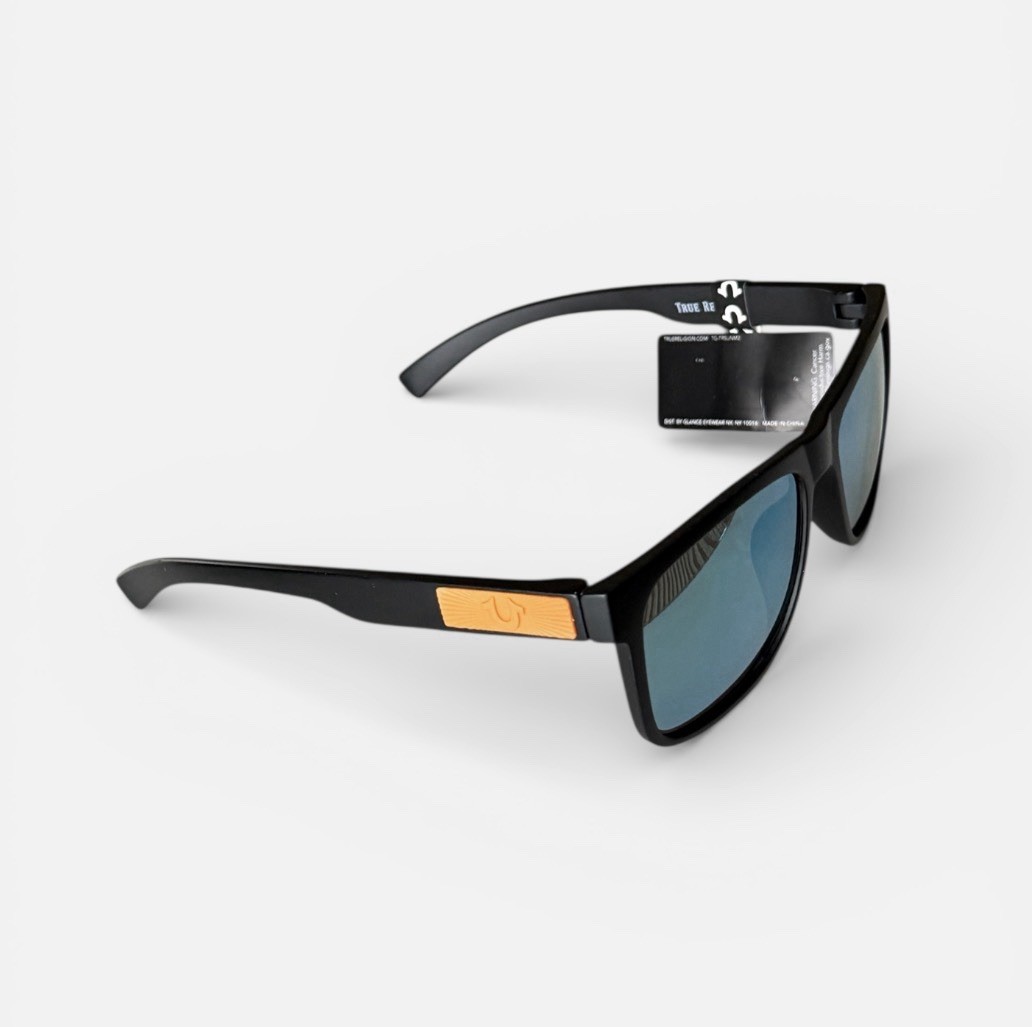 TRUE RELIGION Men’s Black Frame Blue/Green Mirror Lens Sunglasses NEW Logo