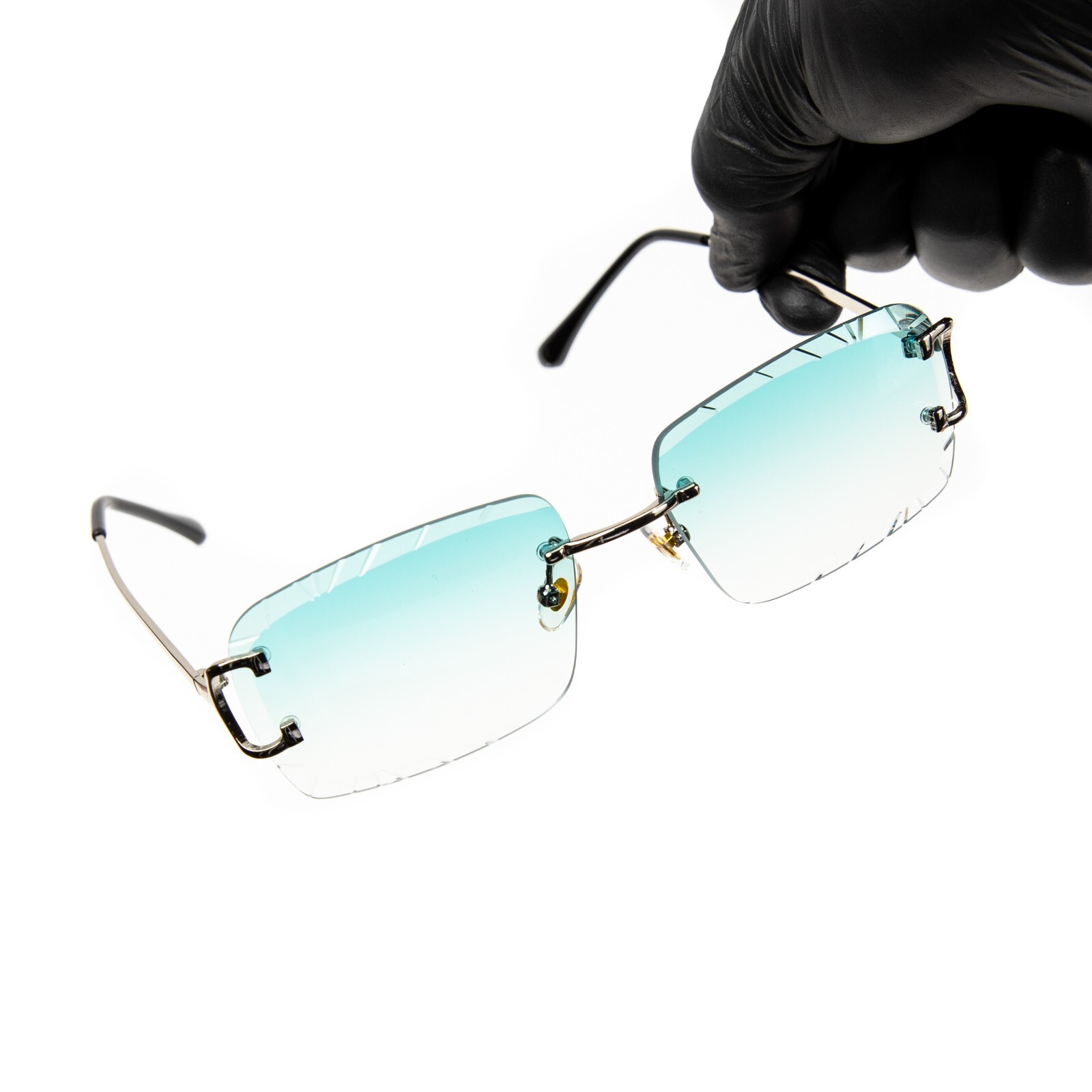 Gem Cut Turquoise Tint Silver Frame Hip Hop Rimless Luxury Rectangle Sunglasses