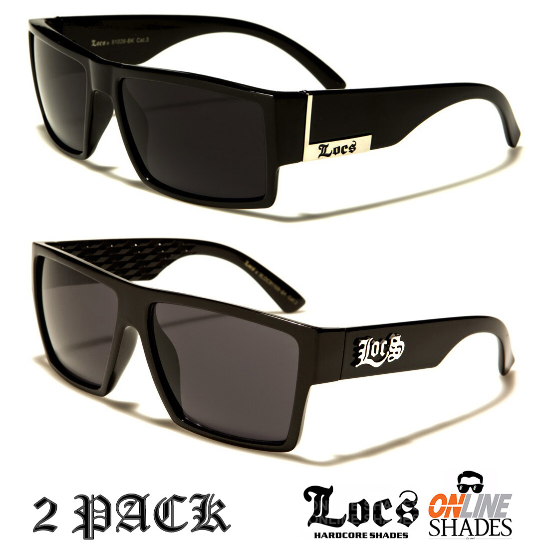 2 Pack LOCS Gangster Designer Classic Shades Square Flat Top Black Sunglasses