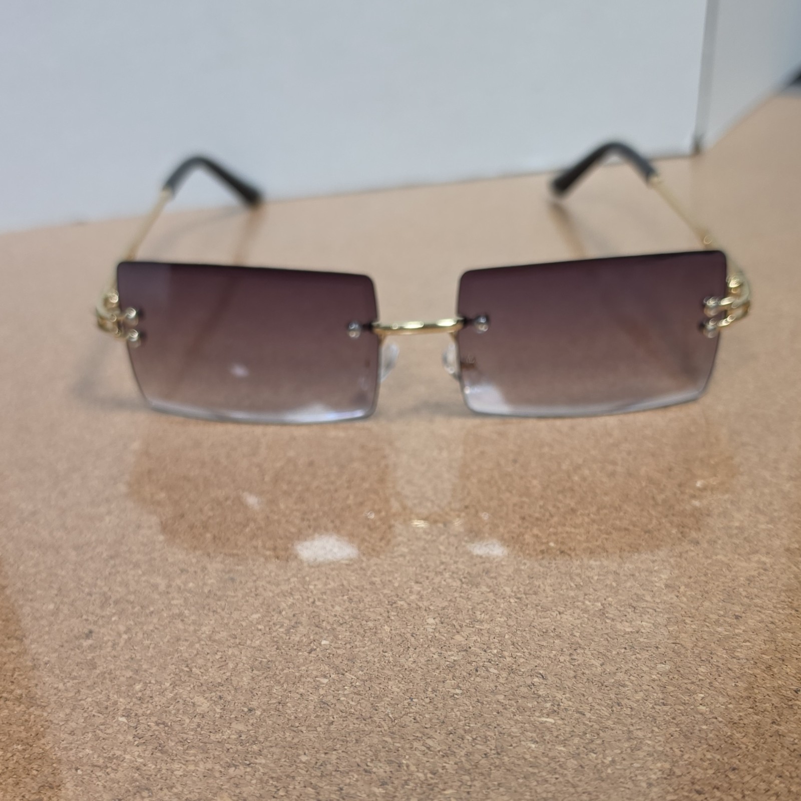 Rimless Rectangle Sunglasses Gold Metal Frame Brown Gradient Tinted Lenses