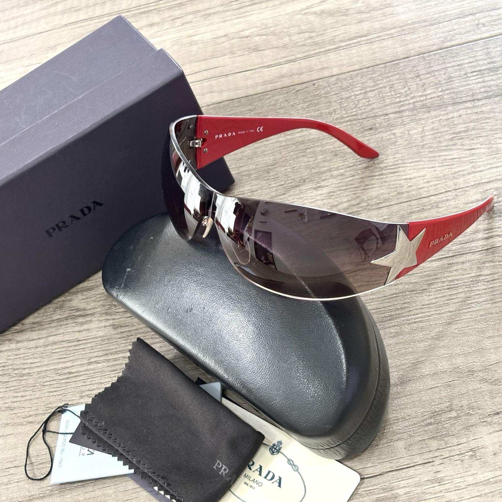 ⁠PRADA SPR72G Star Shield Sunglasses Red Y2K Vintage Archive HYDE Worn w/ Card⁠