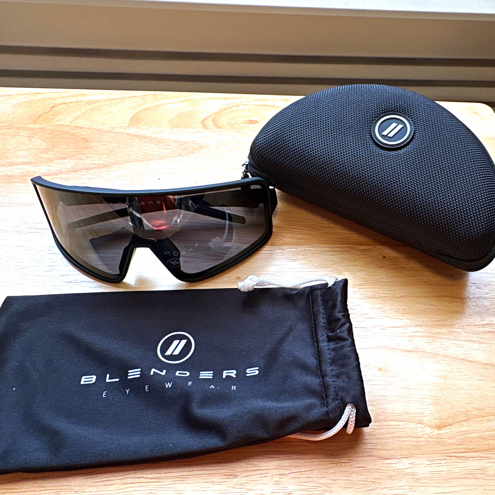 Blenders Men’s Shield Sunglasses Black Plastic Frame Gray Tinted Lens Case Pouch