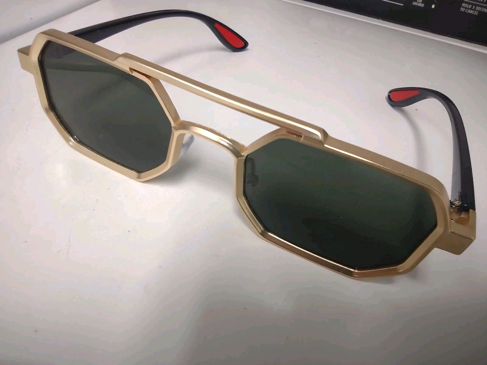 Men’s Geometric Gold Metal Frame Sunglasses w/ Green Tinted Plastic Lenses