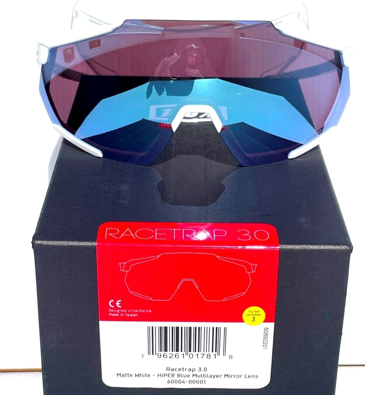 100% Percent RACETRAP 3.0 Matte White HiPER Blue Mirror Sunglass 60004-00001