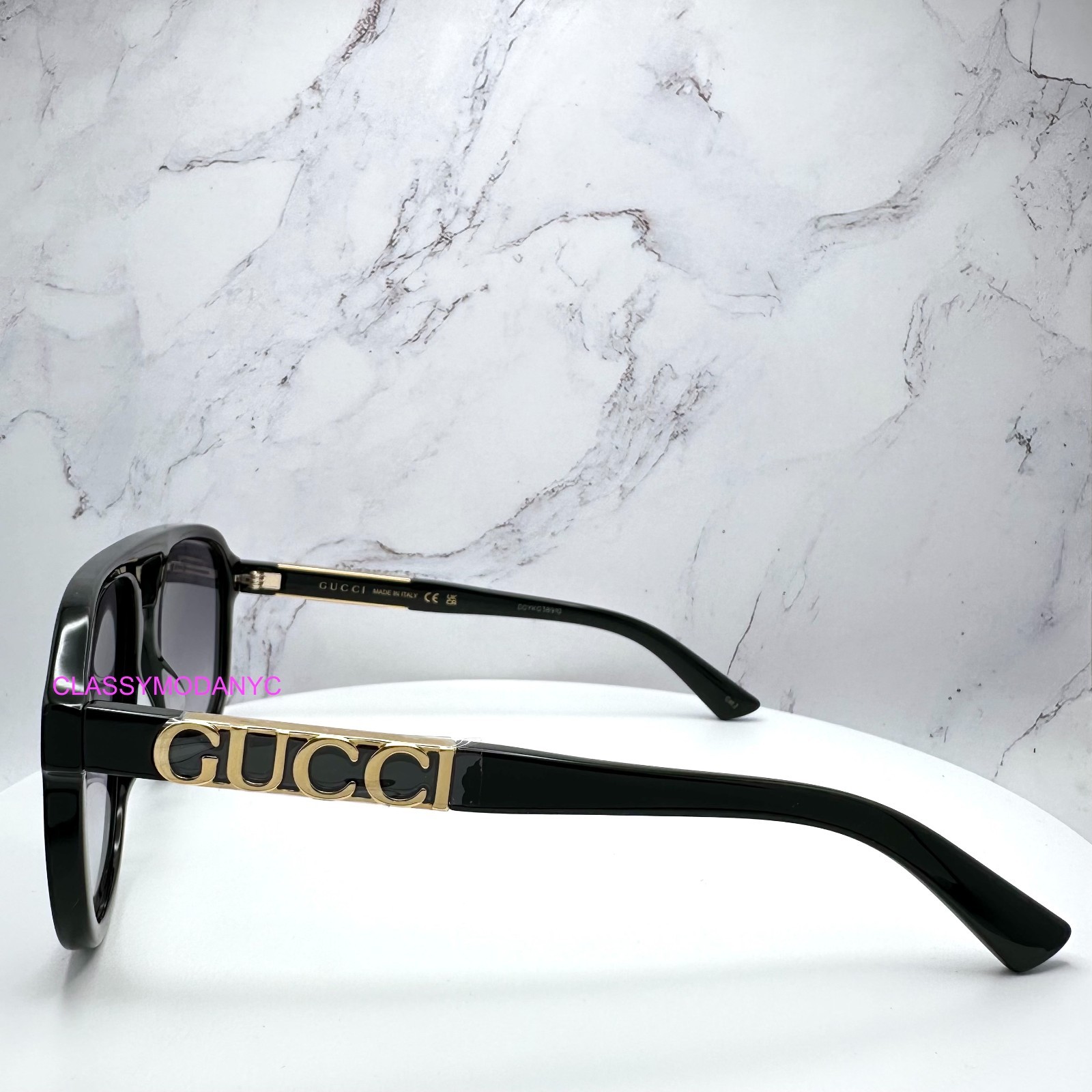GUCCI Sunglasses Aviator Pilot 58mm Black New Gold Metal Logo Gray Lens Mens