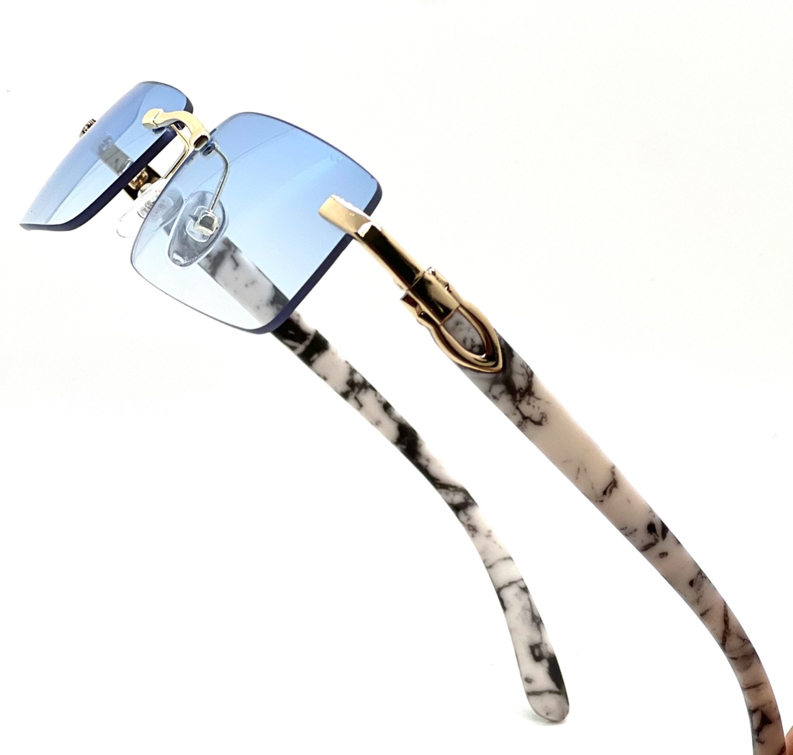Men’s Vintage Gold Frame Rimless Hip Hop Black Woodgrain Clear Lens Glasses