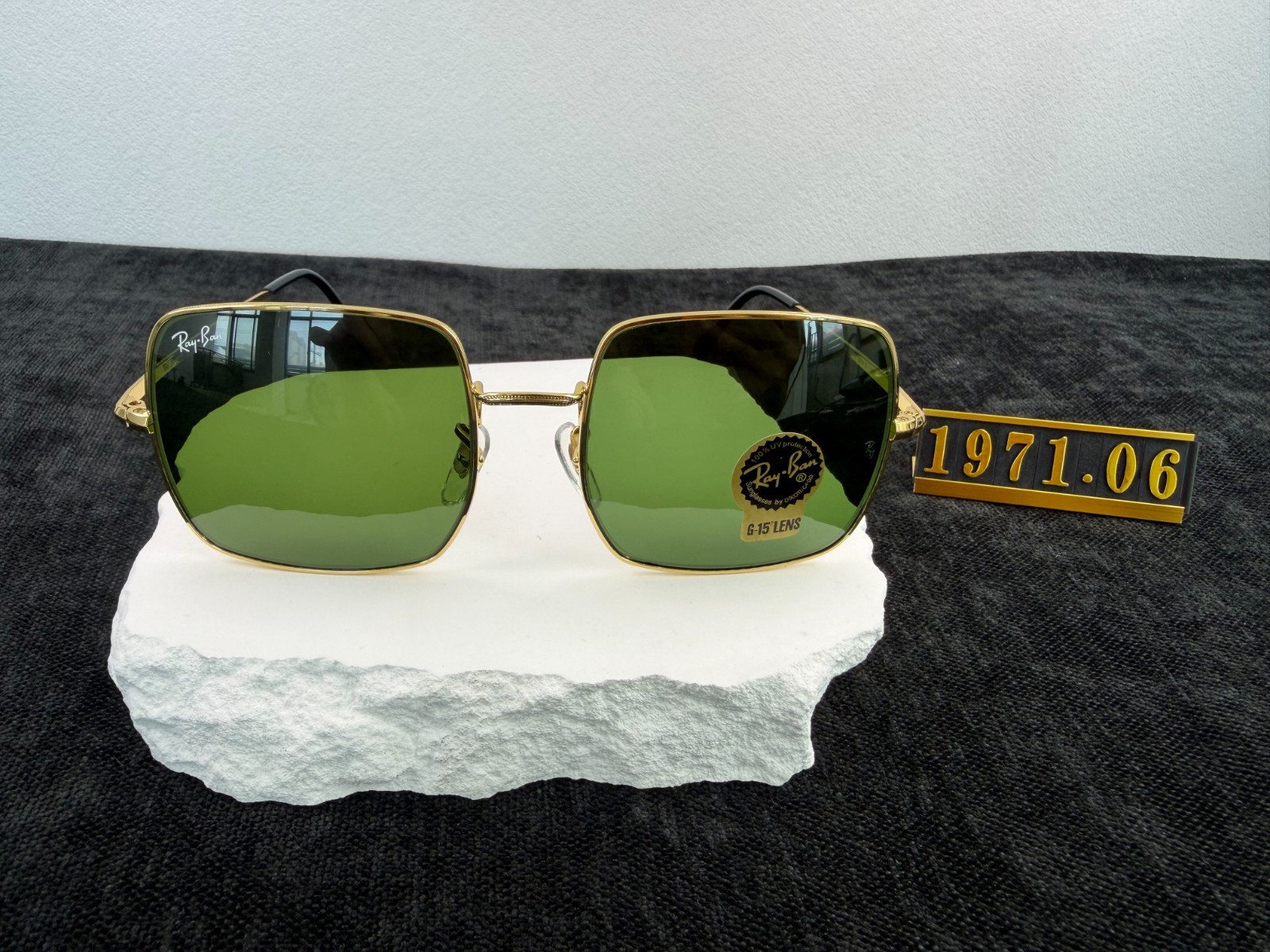 Ray-Ban RB1971 Square Sunglasses, Gold Frame, Solid Green G-15 Lens