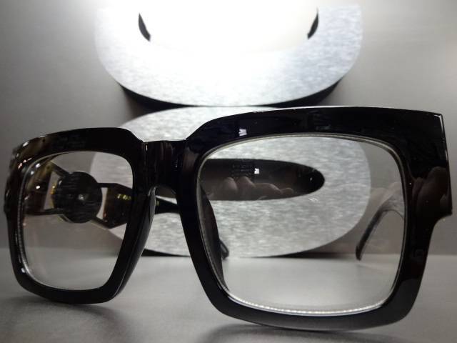 CLASSIC VINTAGE RETRO Clear Lens EYE GLASSES Thick Black Fashion Frame Gold Logo