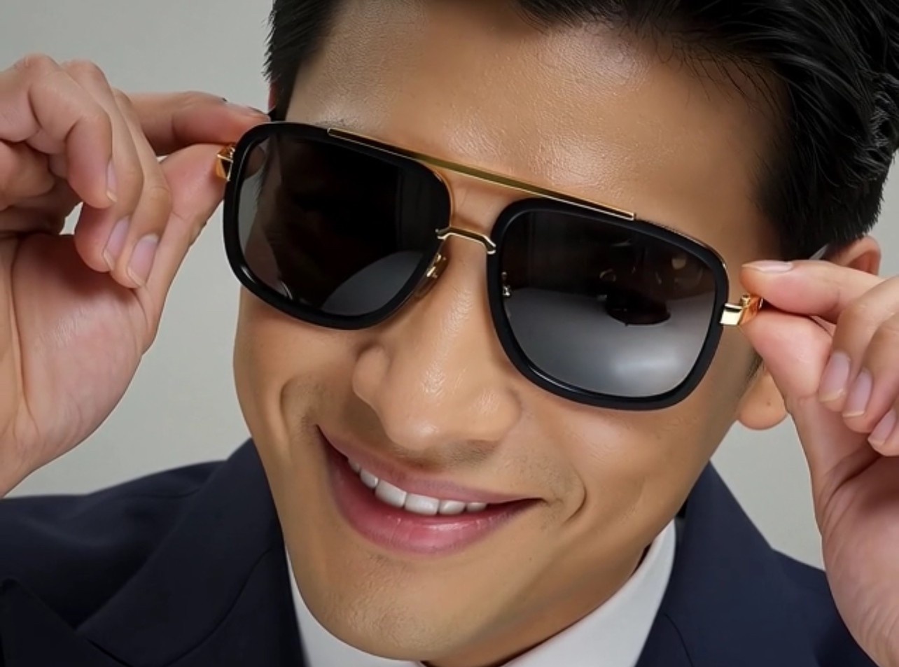 Men’s Sunglasses Square One Gold Colored Metal Frame Top Bar Oversize Shades NEW