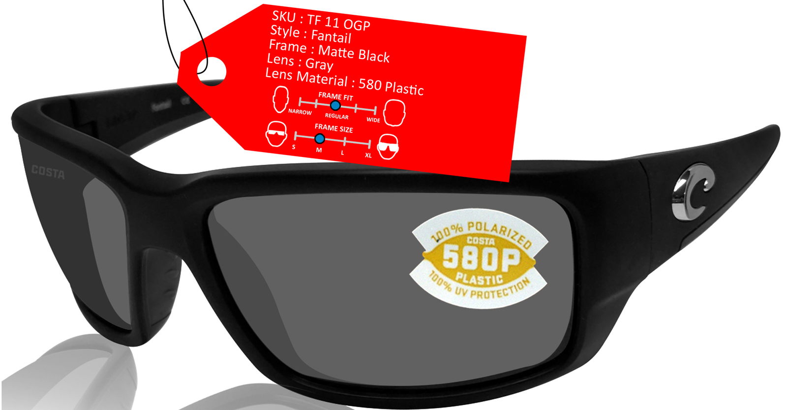 Costa Del Mar Fantail Matte Black Frame Gray 580P Plastic Polarized Lens