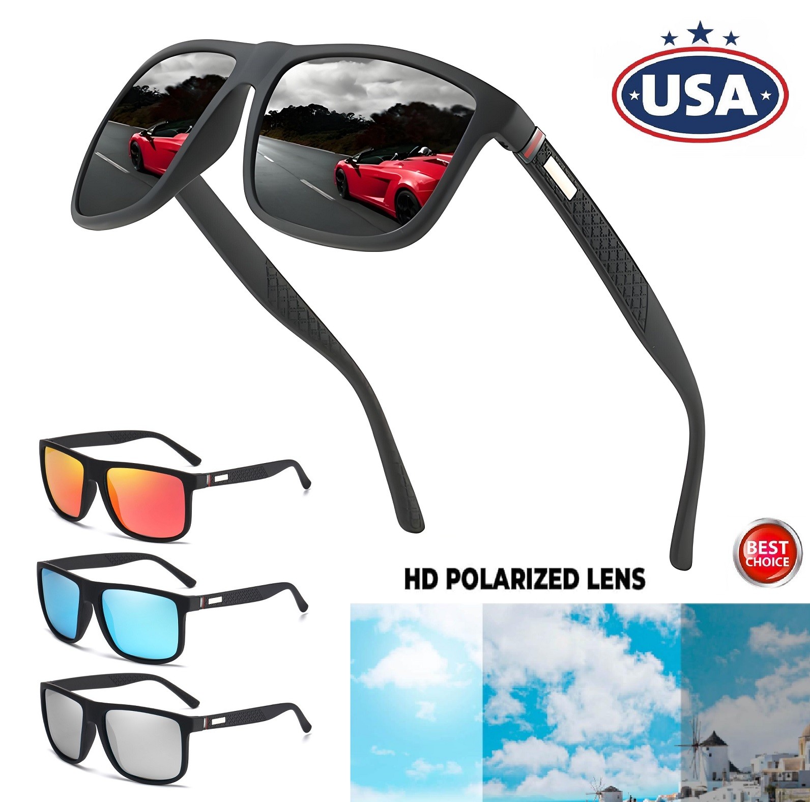 Men’s Square Polarized Sunglasses Men TR90 Frame Driving Sports Sun Glasses USA