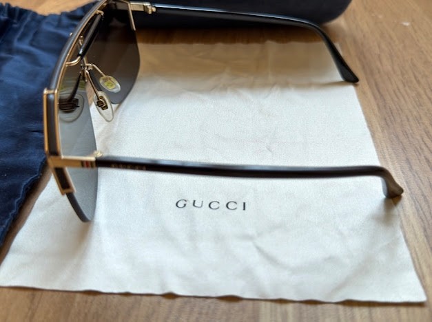 Gucci GG0291S 001 Shield Sunglasses Black Gold Gray Lens Made in Italy