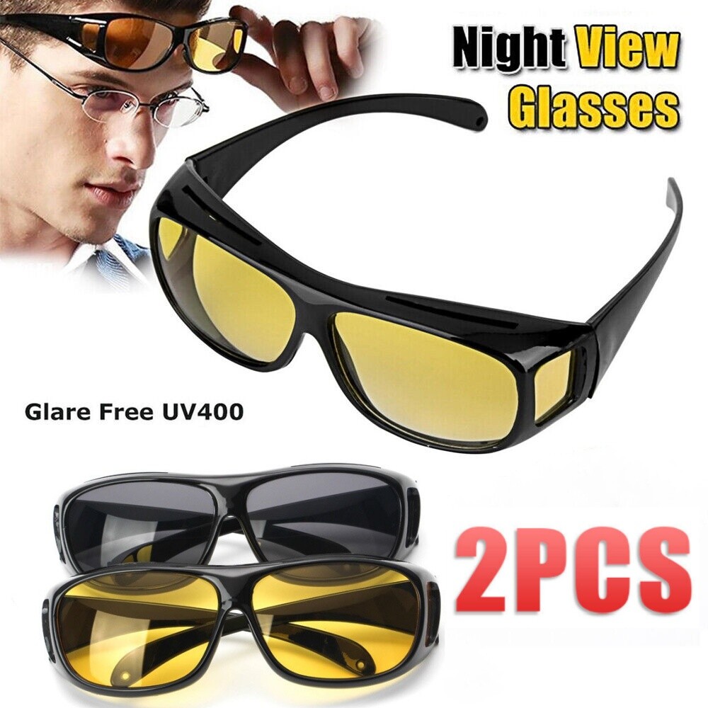 2 Pair HD Day Night Vision Glasses Driving Sports Wraparound Fit Over Sunglasses