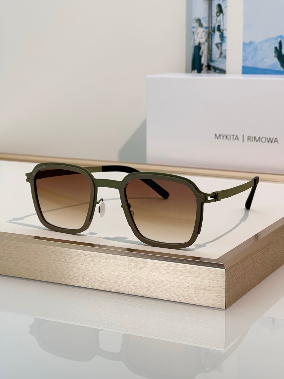 MYKITA RIMOWA MR002 Olive Green Square Titanium Sunglasses Brown Gradient