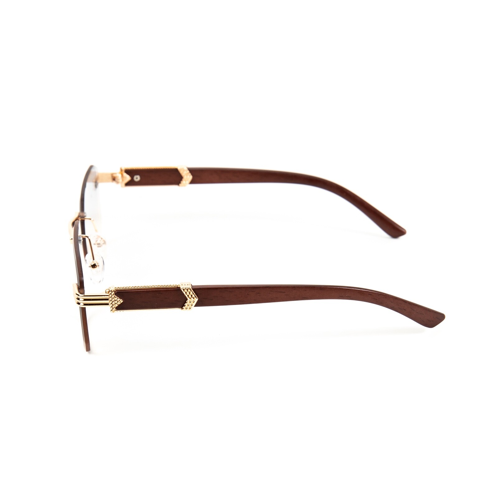 Men’s Gold Frame Rimless Gray Tan Gradient Tint Hip Hop Woodgrain Sunglasses