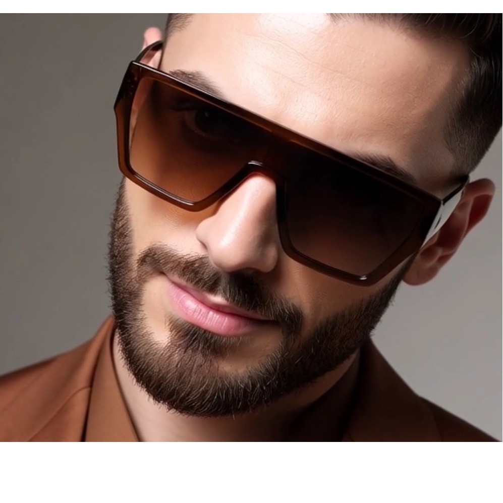 Oversized Square Shield Sunglasses Men Brown Gradient Lenses Dark Tortoise Frame