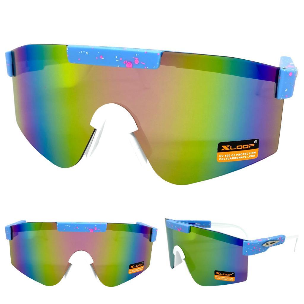 Oversize RETRO SPORTS WRAP AROUND Shield Cycling SUN GLASSES Big Baby Blue Frame