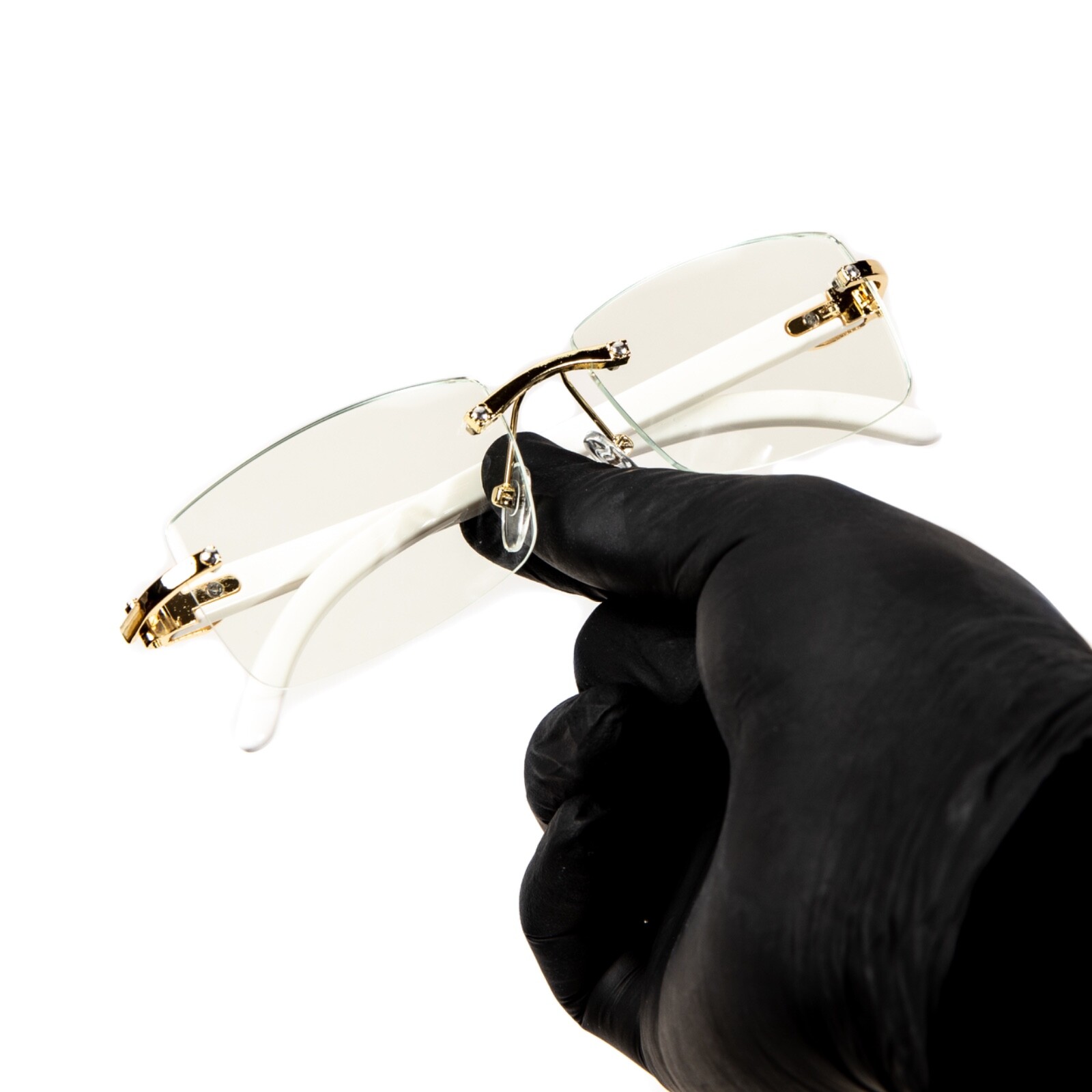 White Wood Grain Rimless Clear Lens Rectangular Gold Frame Clear Glasses