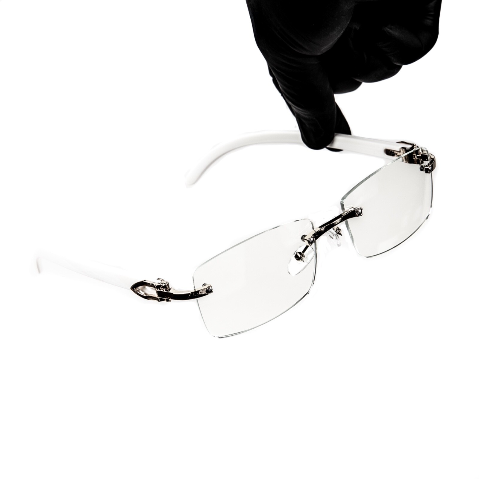 White Wood Grain Clear Lens Mens Silver Frame Rectangular Luxury Square Glasses