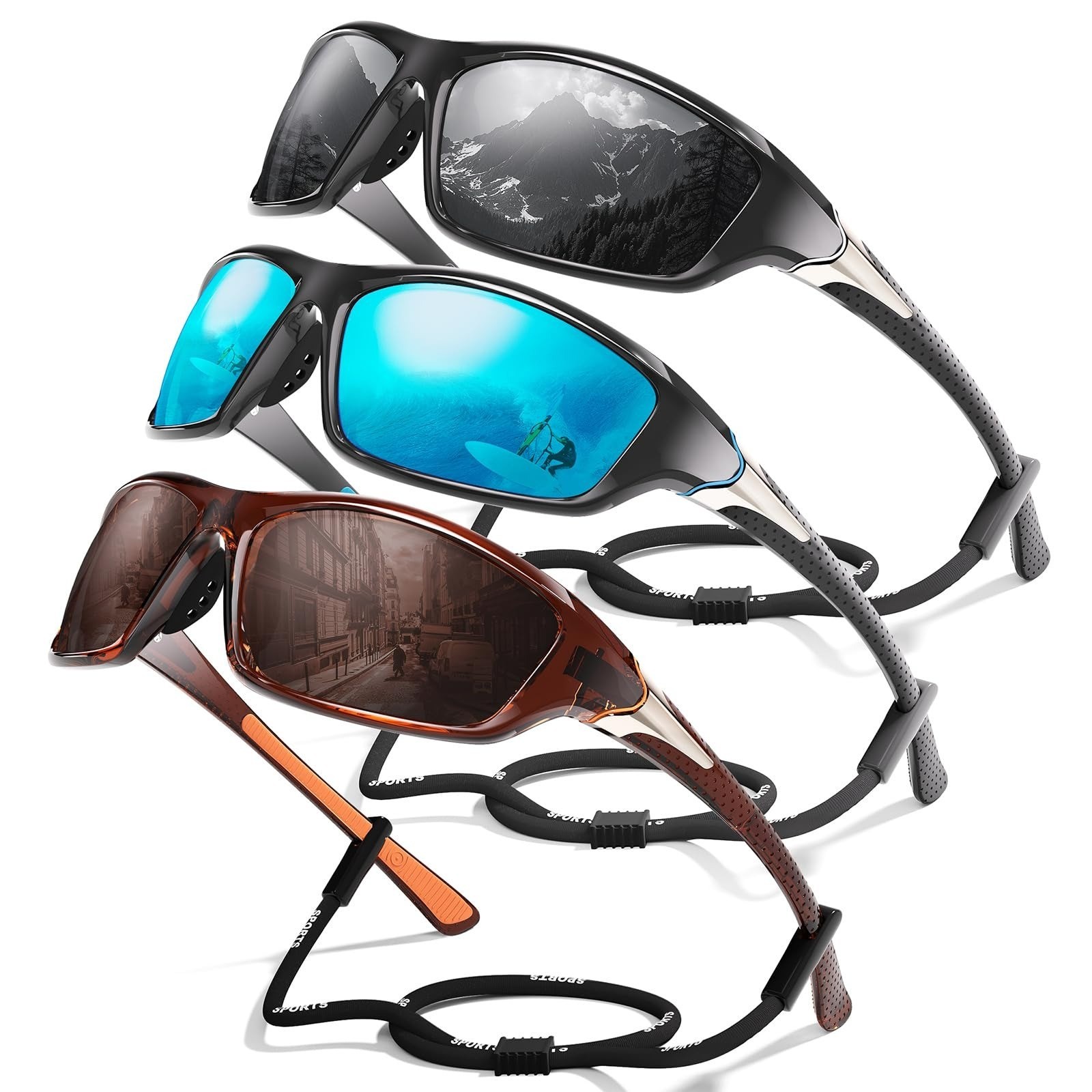 Polarized Sports Sunglasses 3-Pack Wrap Around UV Protection Men Women