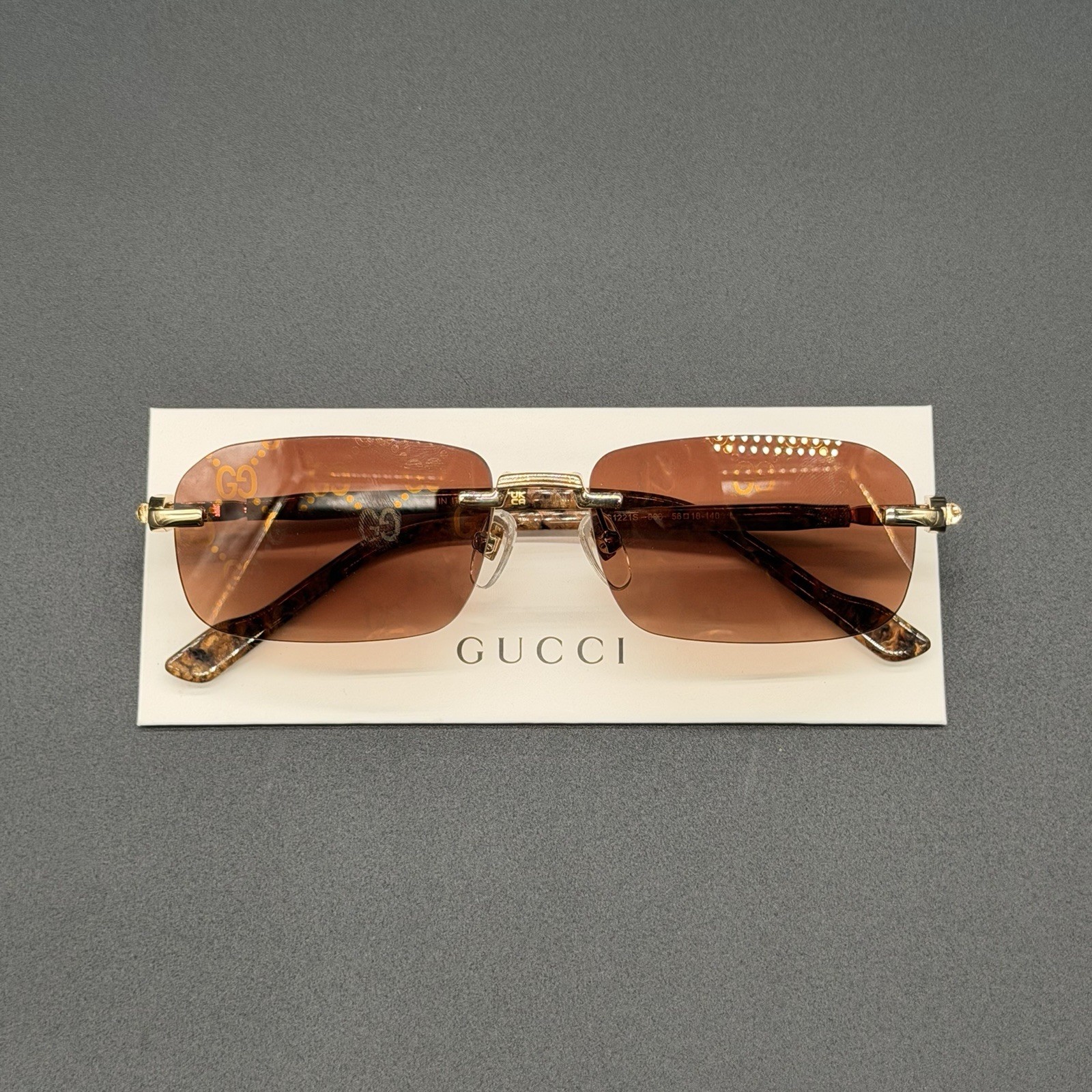 Gucci GG1221S 004 Rimless Sunglasses Brown Marble Gold Mirror Lens Ships Today