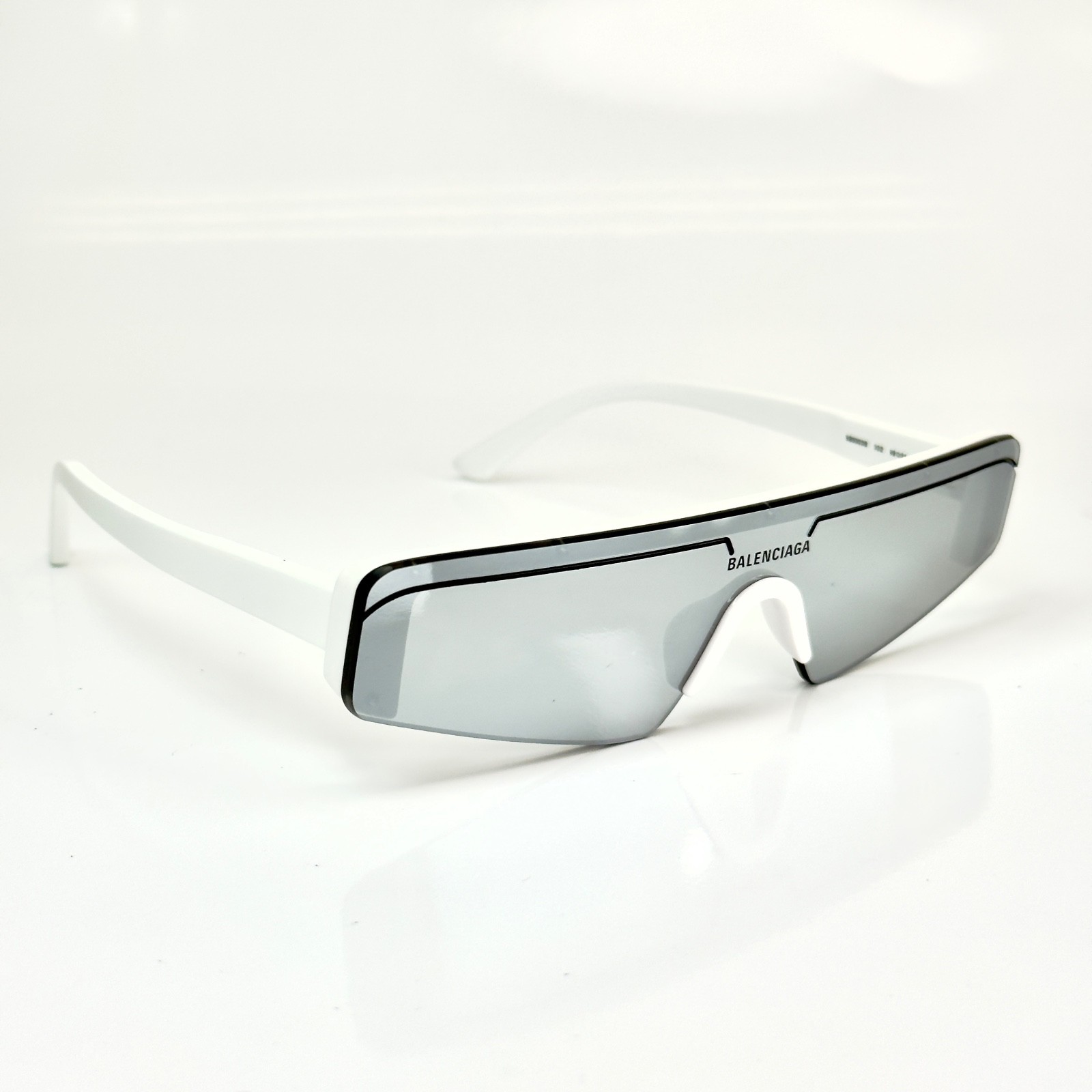 BALENCIAGA BB0003S SKI 0003 White Silver Mirrored Slim Fashion Shield Sunglasses