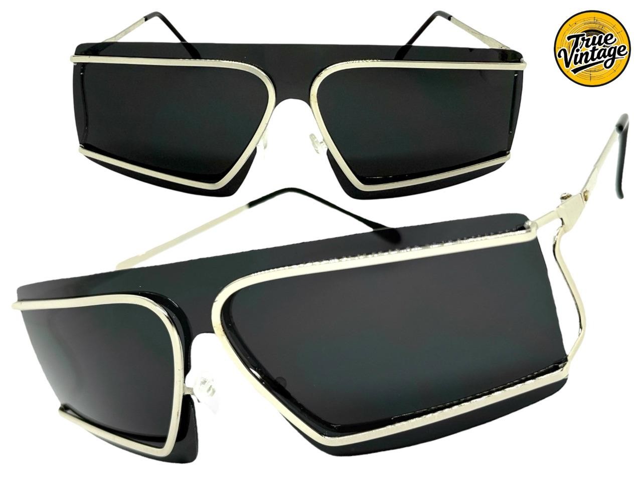 Futuristic Modern True Vintage Retro Shield Party Raver SUNGLASSES Silver Frame