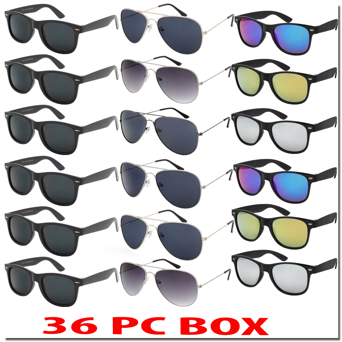 Wholesale Sunglasses Bulk Lot Aviators Wayfare Color Mirror 36 PC Box ALL NEW