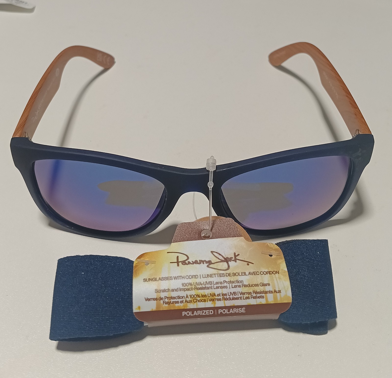 Panama Jack Polarized Sunglasses Faux Wood Arms Blue Mirror Lens NWT Strap