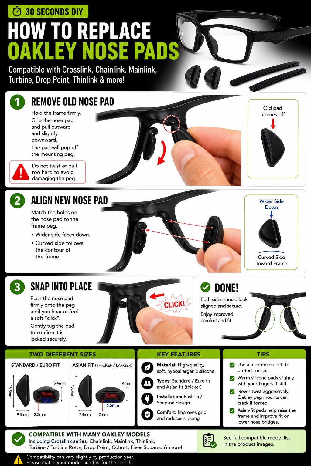 Nose Pad For-Oakley Triggerman,StraightChainlink,Turbine,Pit Bull,Crosslink Lens